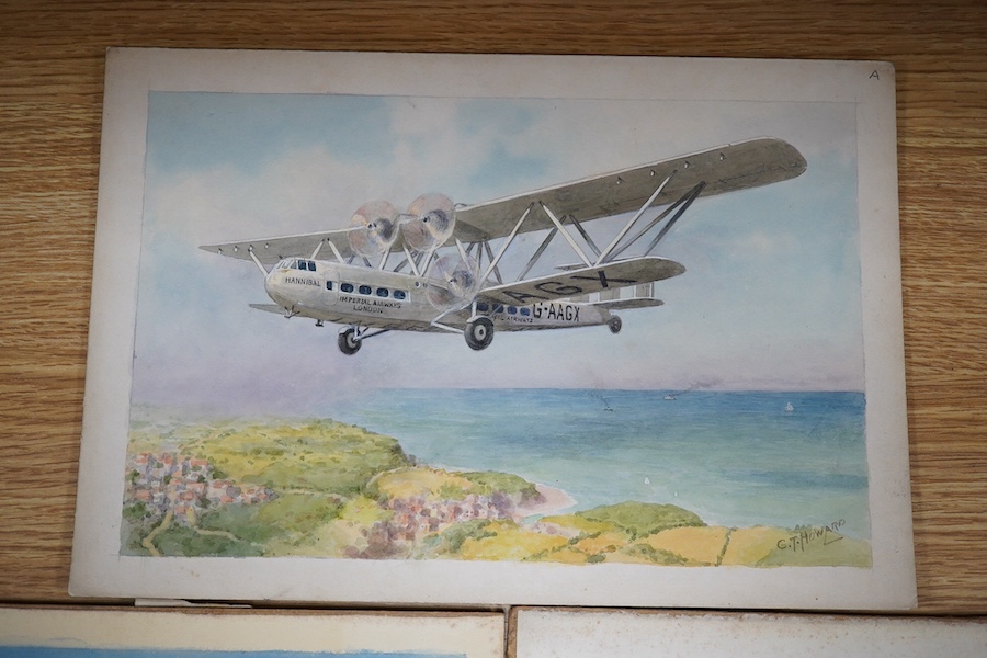 Charles Thomas Howard (1865-1942), three original watercolours for postcards, Vintage Aircraft comprising De Havilland Comet, Miles Sultan and Imperial Airways Hannibal, two signed, 21 x 32cm, unframed. Condition - fair